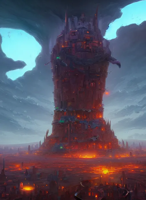 Prompt: circular city with a monumental tower of babel in the center, pitchblack sky, extremly detailed digital painting, vibrant colors, in the style of andreas rocha and noah bradley and tyler edlin and peter mohrbacher, mystical colors, rim light, beautiful lighting, 8 k, stunning scene, raytracing, octane, trending on artstation