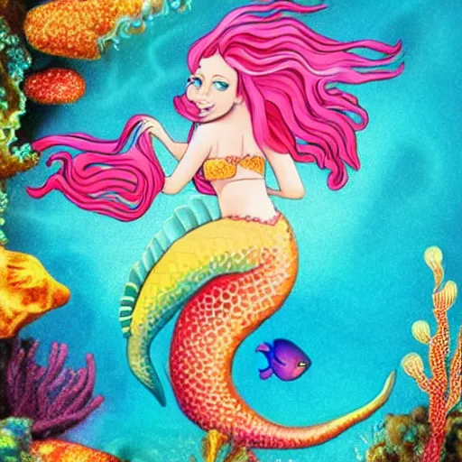 Prompt: beautiful blonde female mermaid riding colorful seahorse underwater surrounded by fish