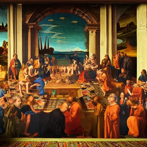 Image similar to a psychedelic conference of scientists / professors / researchers in a renaissance painting