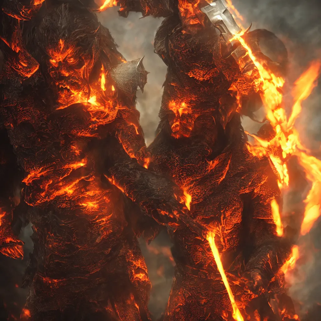 Prompt: corrupted evil gimli in mordor wielding a fire axe, volumetric light, highly detailed, sharp focus, 8 k
