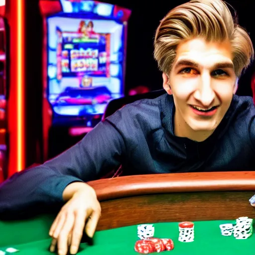 Image similar to closeup of handsome gigachad XQC gambling