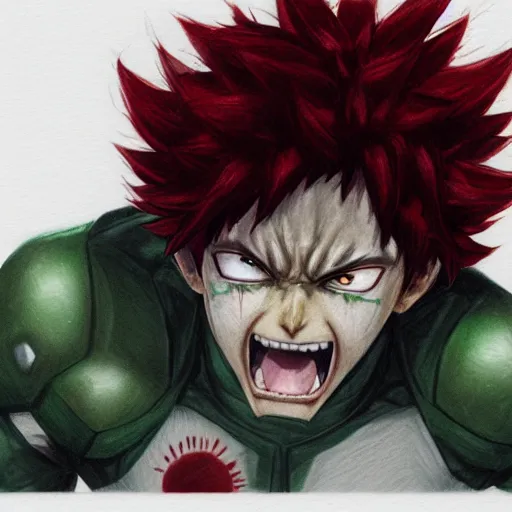 Prompt: Izuku Midoriya crying blood from his swollen eyes, Greg Rutkowski pencil painting