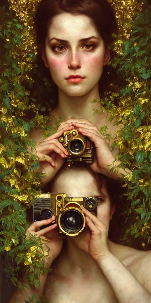 Image similar to hyper realistic photographer looking through a vintage medium format camera, design on white background, beautiful details, lush foliage cyberpunk, gold, drawn by john singer sargent, tom bagshaw, norman rockwell, alphonso mucha, lolish, trending on artstation