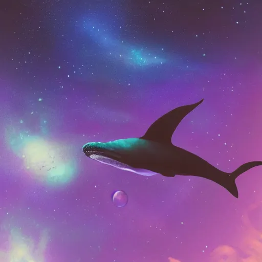 Image similar to portrait of whale swimming on a night sky, swimming across the universe, nebulae, purple and blue, galaxies, oniric, dreamy, beautiful, highly detailed, cinematic, trending on artstation