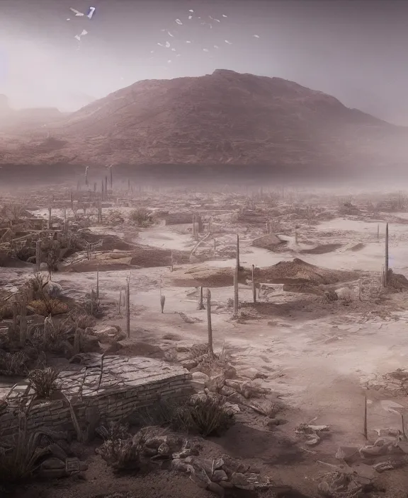 Prompt: bioremediation architecture in the desert, foggy, highly detailed, digital painting, arstation, concept art, hyperealistic octane render, unreal engine,