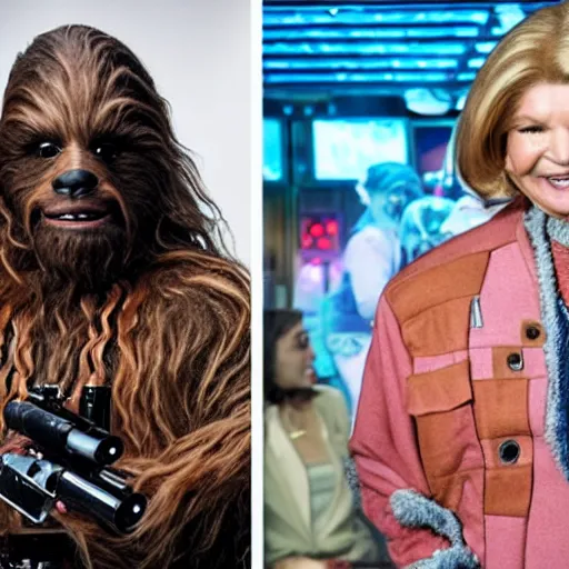 Image similar to snoop dogg as chewbacca and martha stewart as han solo in star wars