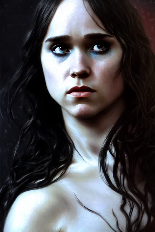 Image similar to ellen page as a dark sorceress, fantasy character portrait, ultra realistic, concept art, intricate details, highly detailed by james bama, william adolphe bouguereau and frank frazetta