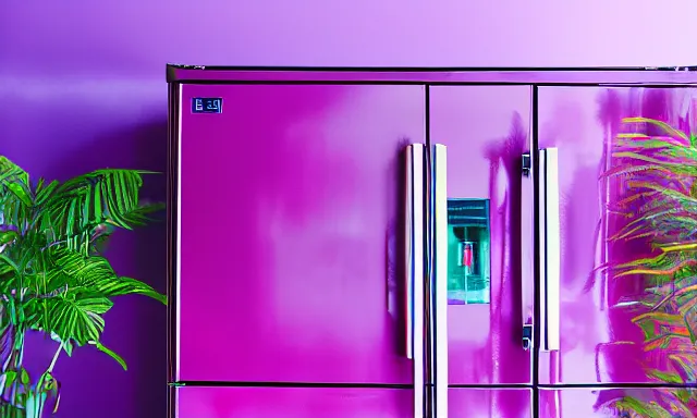 Image similar to purple refrigerator in a vaporwave jungle, 4k Photograph