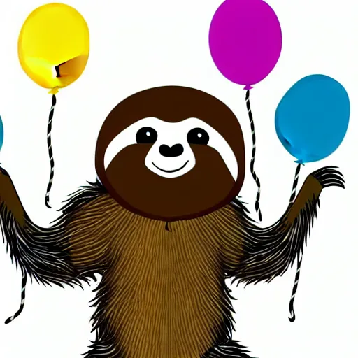 Prompt: book illustration of a sloth holding balloons, book illustration, colorful, white background, colorful image