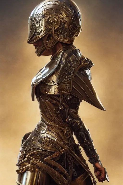 Prompt: attractive young female warrior, ornate metallic helmet, battle armor, olive skin, long dark hair, beautiful bone structure, symmetrical facial features, goddess-like, intricate, elegant, highly detailed, digital painting, artstation, concept art, smooth, sharp focus, illustration, art by artgerm and greg rutkowski and alphonse mucha