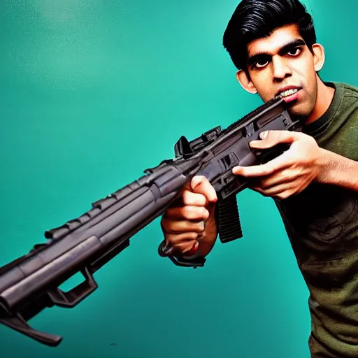 Image similar to Medium shot photograph of Rishi Sunak holding an AK-47, 8k, ultrahd