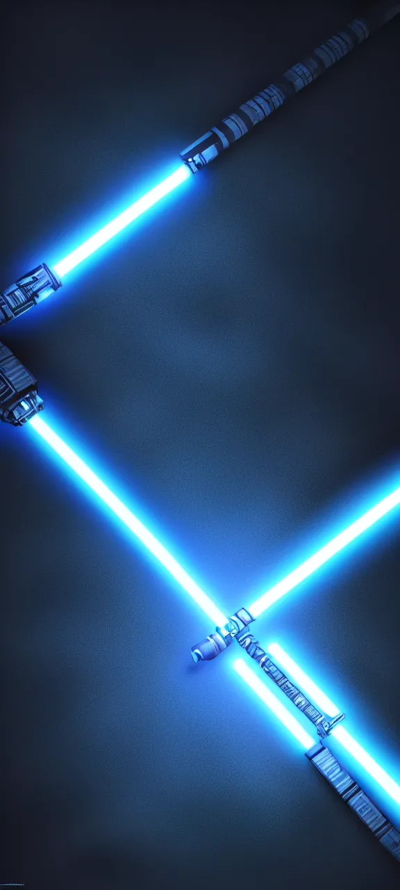 Image similar to detailed cinematic render, of a blue cyberpunk lightsaber lying vertically on a glossy floor, in a dark room, photo from above, octane render 8 k, digital art, lightsaber wallpaper 4 k, ray tracing, jedi fallen order lightsaber wallpaper 4 k, cal kestis lightsaber wallpaper