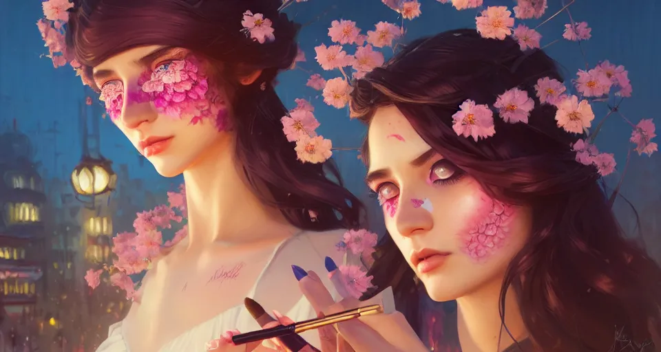 Prompt: a girl with makeup, cosmetics, face paint, clothed in flowers behind a steampunk city, night setting. realistic shaded lighting poster by ilya kuvshinov katsuhiro, magali villeneuve, artgerm, jeremy lipkin and michael garmash, rob rey and kentaro miura style, trending on art station