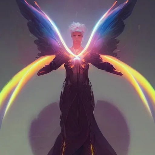 Prompt: portrait of a beautiful force of the good light seraphim male futuristic angel, volume lighting, concept art, by greg rutkowski!!, colorful, xray melting colors!!