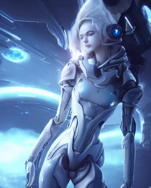 Image similar to perfect android girl on a mothership, warframe armor, beautiful face, scifi, futuristic, galaxy, nebula, raytracing, dreamy, long white hair, blue cyborg eyes, sharp focus, cinematic lighting, highly detailed, artstation, divine, by gauthier leblanc, kazuya takahashi, huifeng huang