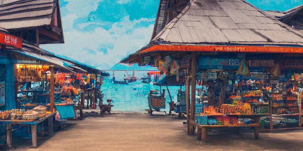 Image similar to close - up of shops at pulau indah fishing village, near a jetty, early morning, detailed matte painting, low angle view, telephoto lens, bokeh, studio ghibli, artstation