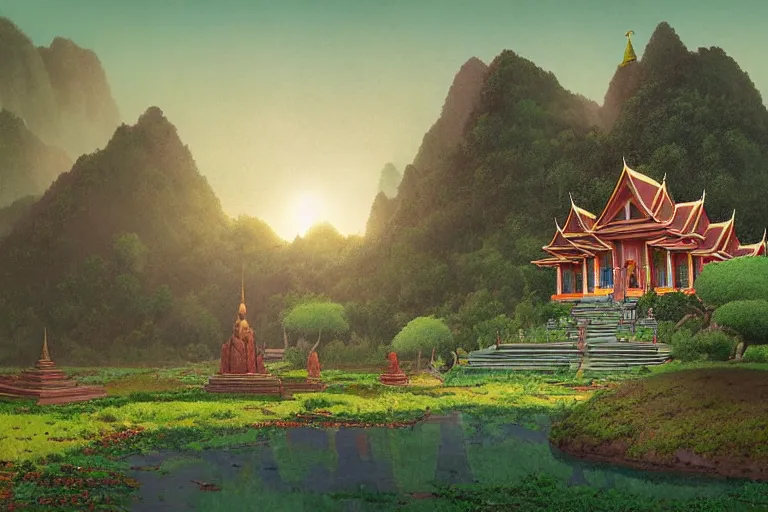 Image similar to summer morning, thai temple, rolling mountain, very coherent and colorful high contrast, art by gediminas pranckevicius, geof darrow, franz sedlacek, dark shadows, hard lighting