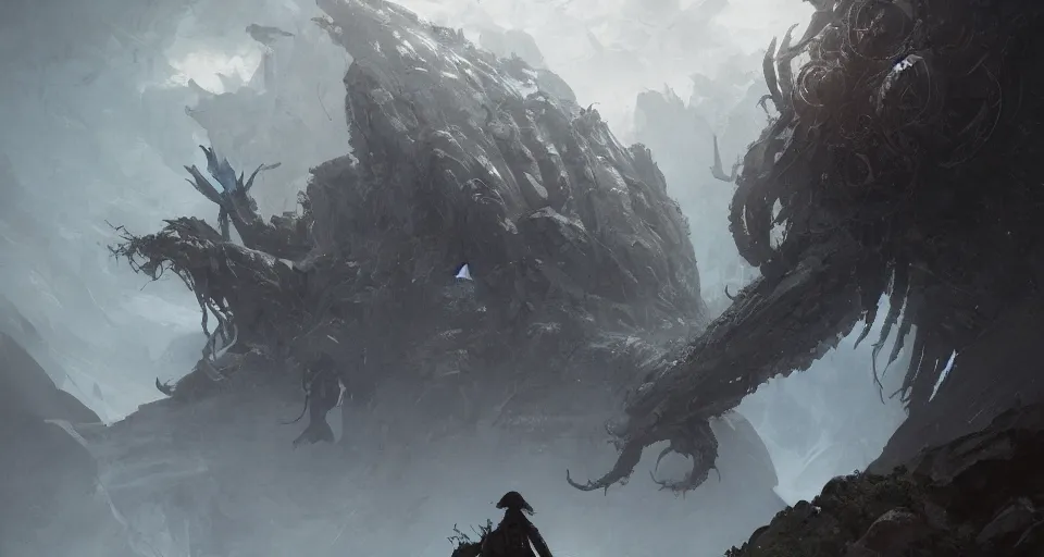 Image similar to a giant eldritch horror crawling across a misty mountainous landscape, dramatic lighting, illustration by greg rutkowski, yoji shinkawa, 4 k, digital art, concept art, trending on artstation