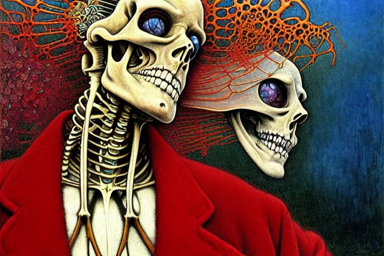 Prompt: realistic detailed closeup portrait painting of a single skeleton wearing crimson velvet blazer in a crowded futuristic moscow street by Jean Delville, Amano, Yves Tanguy, Alphonse Mucha, Ernst Haeckel, Ilya Repin, Edward Robert Hughes, Andrei Tarkovsky, Roger Dean, rich moody colours, blue eyes