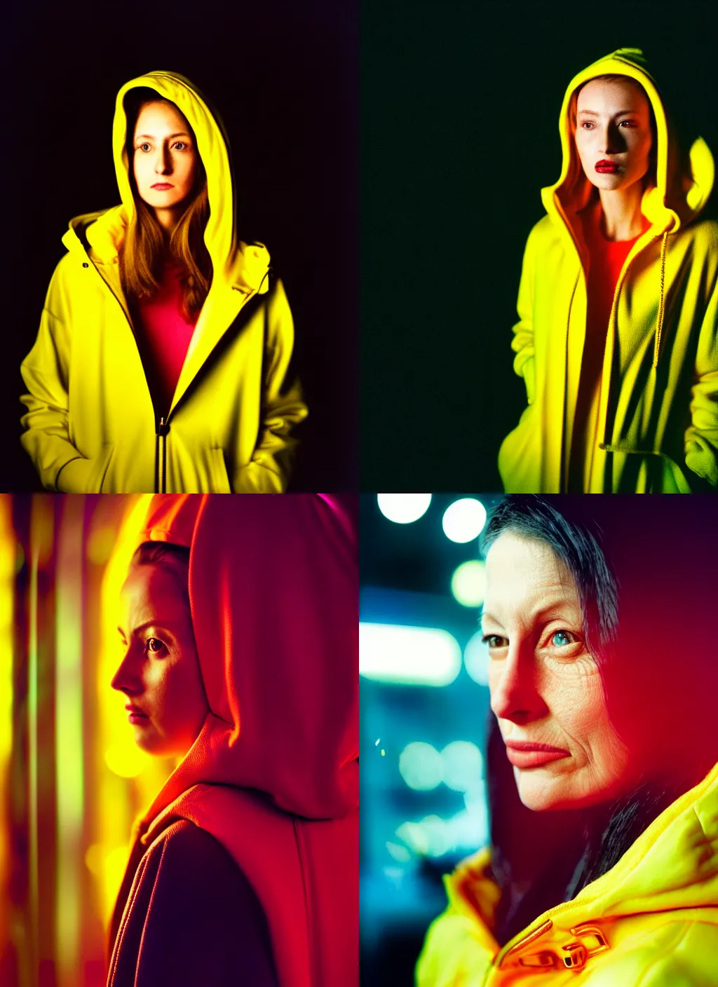 Prompt: A hyper realistic and detailed head portrait photography of a woman wearing a futuristic yellow raincoat with hoodie by annie leibovitz. Neo noir style. Cinematic. Swirly bokeh. Red neon lights and glow in the background. Cinestill 800T film. Lens flare.