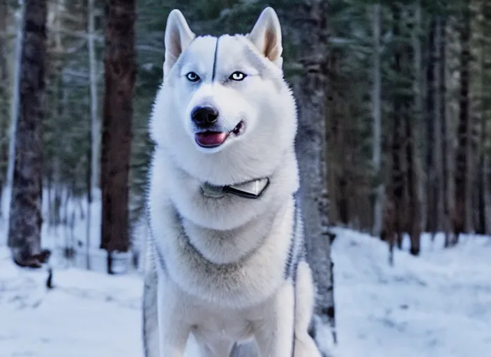 Image similar to film still of an anthropomorphic standing upright man dog white vested husky!!!!!! in a white vest wearing a white vest!!!!! in the new sci - fi movie, 8 k