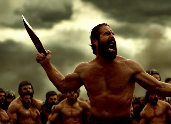 Image similar to cinematic film still of joe biden as leonidas shouting in 3 0 0 movie, 8 k, epic moody sky, dramatic lighting