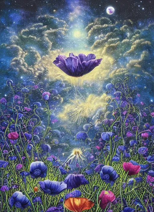 Image similar to detailed, intricate blue black and purple papaverum flower on the field, nebula, galaxy in the sky, winning award masterpiece, fantastically beautiful, illustration, aestheticly inspired, jacek yerka, upscale with anguissola sofonisba work, artstation, 8 k