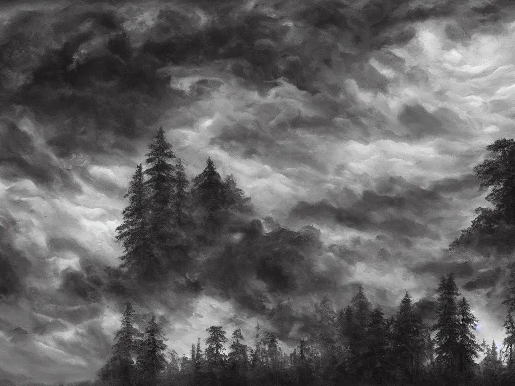 Image similar to detailed landscape, forests. very detailed dark super storm, hyper realistic clouds, impressive, magical, very atmospheric, smoke boiling, cinematic, deep, very high complexity, stunning, dramatic masterpiece, chiaroscuro, in the style of david holland and laura den hertog and michael creese, very detailed. 4 k