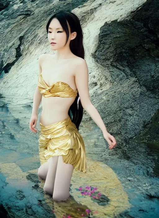 Image similar to Kodak Portra 400, 8K, soft light, volumetric lighting, highly detailed, Rena Nounen style 3/4 ,portrait photo of a Japanese ravishing Goddess by WLOP, the face emerges from a lava flowing gold travertine terraces with lotus flowers, inspired by Ophelia paint , a beautiful chic dress and hair are intricate with highly detailed realistic beautiful flowers , Realistic, Refined, Highly Detailed, ethereal lighting colors scheme, outdoor fine art photography, Hyper realistic, photo realistic