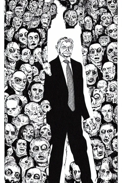 Image similar to George Soros full body portrait, body horror, black and white Illustration by Junji Ito