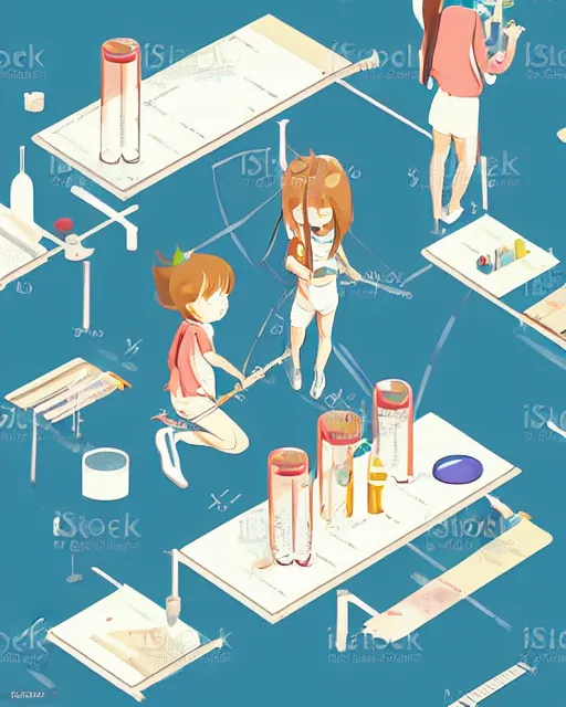 Image similar to a little girl in science lab experiment test tube microscope map. clean cel shaded vector art. minimalist illustration art by lois van baarle, artgerm, helen huang by makoto shinkai and ilya kuvshinov, rossdraws