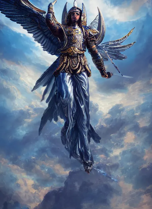 Image similar to archangel micheal flying in sky by huang guangjian, taekwon kim rostbite 3 engine, cryengine, dof, trending on artstation, digital art, chanel, dior, fantasy and detailed and intricate background