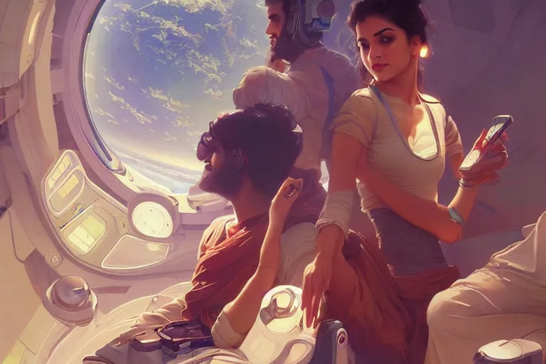 Image similar to Sensuous good looking pale young Indian doctors wearing jeans in a space station above Earth, portrait, elegant, intricate, digital painting, artstation, concept art, smooth, sharp focus, illustration, art by artgerm and greg rutkowski and alphonse mucha