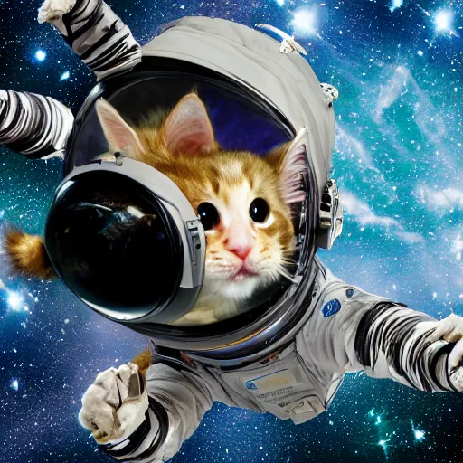 Image similar to Next to the James Webb Telescope in outer space, an action sequence of an astronaut ((cream colored Maine Coon kitten)) space walk, an unopened bag of kitty litter floats nearby, in the background friendly cute cute cute alien spacecraft, highly realistic, 4K, 8K, road trip