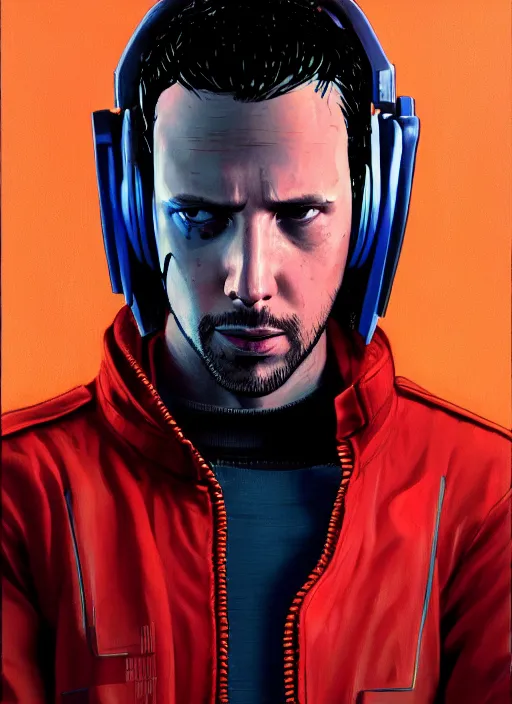 Image similar to cyberpunk character wearing jumpsuit and red jacket and cyberpunk headset. ( blade runner 2 0 4 9, dystopian, cyberpunk 2 0 7 7 character design ). attractive face. portrait by james gurney and laurie greasley, oil on canvas. cinematic, hyper realism, realistic proportions, full view, dramatic lighting, high detail 4 k