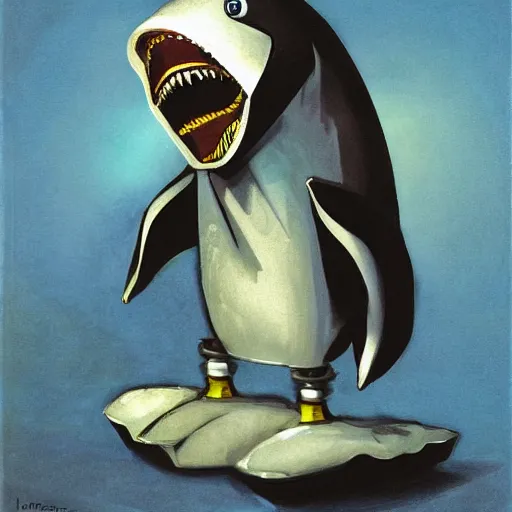 Prompt: mecha anthropomorphic penguin, horror, shark teeth, metalic, glowing eyes, by John Singer Sargent