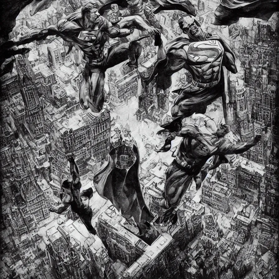 Image similar to epic comic book cover of stalin as superman floating over the red square ( moscow ), socialist realism, aesthetically pleasing, finely detailed facial features, hyperrealistic, intricate digital art, trending artstation, artgem, rich moody colors, fan art, concept art, in the style of the red son, by cory walker and ryan ottley