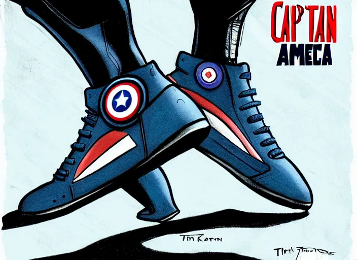 Prompt: sneakers of captain america by tim burton, view from the side, comics book cover style