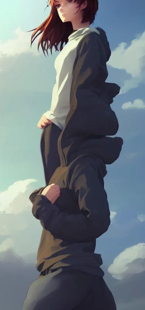 Image similar to a beautiful british woman with short brown hair, gentle, somber amber eyes, standing on a rooftop, storm in the distance, oversized hoodie that goes down to the knees, digital art by makoto shinkai ilya kuvshinov and wojtek fus, digital art, concept art,