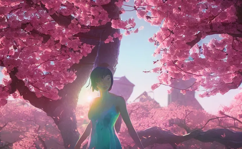 Image similar to goddess of cherry blossoms, Low level, rendered by Beeple, Makoto Shinkai, syd meade, simon stålenhag,, synthwave style, digital art, unreal engine, WLOP, trending on artstation, 4K UHD image, octane render,