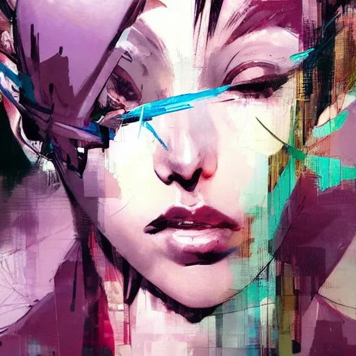 Image similar to a beautiful side portrait painting of an angelical nurse. she has a purple cross in her forehead. looks like an angel. art by yoji shinkawa and sandra chevrier, trending on artstation, award - winning, perfect composition.