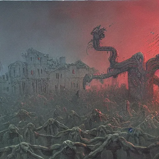 Image similar to a subconscious horror attacking a village, in the style of beksinski and giger