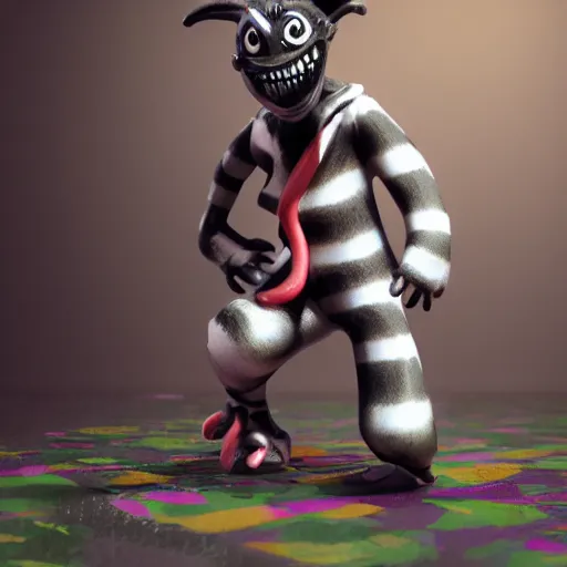 Image similar to plastic toy cute figurine of beetlejuice, blender, unreal engine, concept art, octane render, highly detailed, smooth, sharp focus