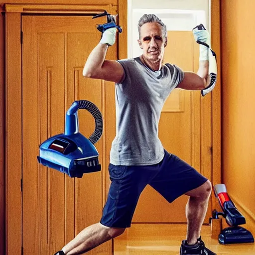 Prompt: Jordan Peterson cleans his room with a vacuum, motivational workout poster, high detail, realistic, mid shot, open