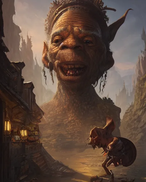 Image similar to A merchant selling treasuries, highly detailed face, fantasy art, goblin art, in the style of greg rutkowski, illustration, epic, fantasy, intricate, hyper detailed, artstation, concept art, smooth, sharp focus, ray tracing