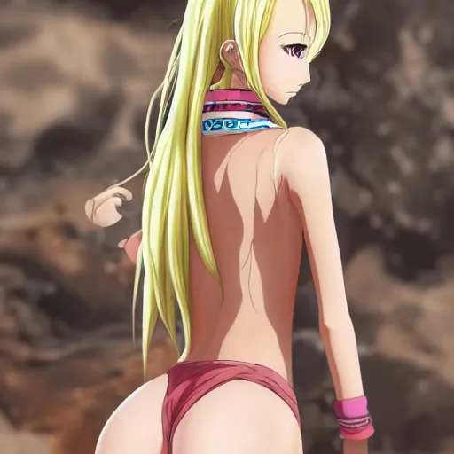 Image similar to anime visual of very cute girl from behind with long blonde hair, at the beach in one piece bathers, high detail, trending on artstation