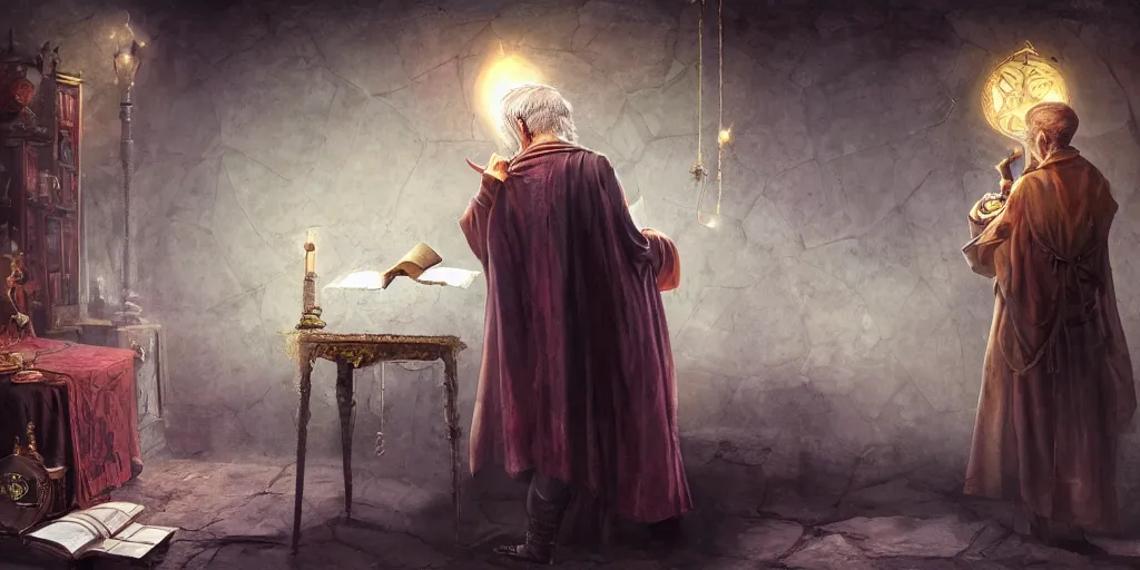 Image similar to back shot of wizened aristocrat examining the mysteries of tarot cards on a magical blackboard, fantasy art, matte painting, high quality, digital painting, artwork by tony sart