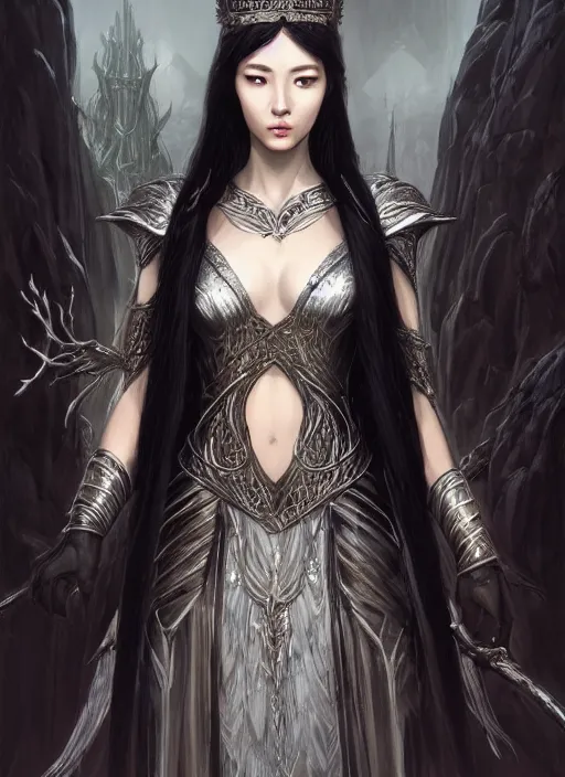 Image similar to Beautiful elven queen with black hair and silver crown in intricate black dress. Haughty look. In style of Hyung-tae Kim, Greg Rutkowski and Larry Elmore, concept art, trending on ArtStation, Korean MMORPG, over-detailed art, 8K, epic, dynamic lightning, scenery.