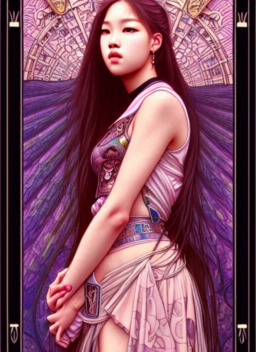 Image similar to jennie manoban of blackpink, tarot card, highly detailed, digital painting, smooth, sharp focus, illustration, ultra realistic, 8 k, art by artgerm and alphonse mucha