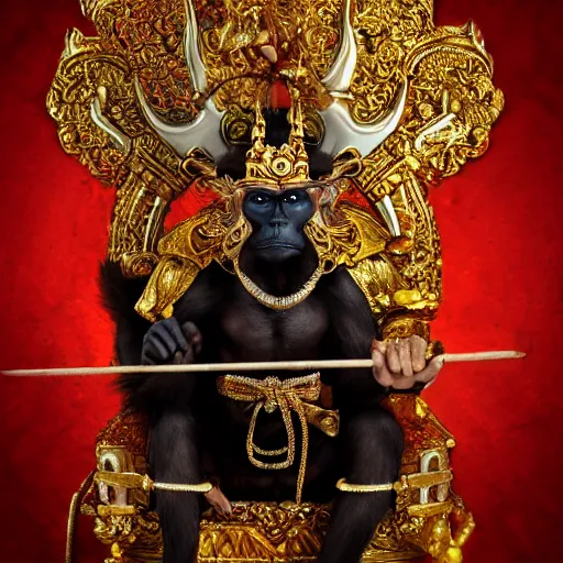 Image similar to monkey king godly lord of monkeys, wearing a crown, holding a staff, sitting in throne, dark lighting, dim lightning, red eyes, gothic dark style, black background, dark room, dusty old ruins 8 k render high detail